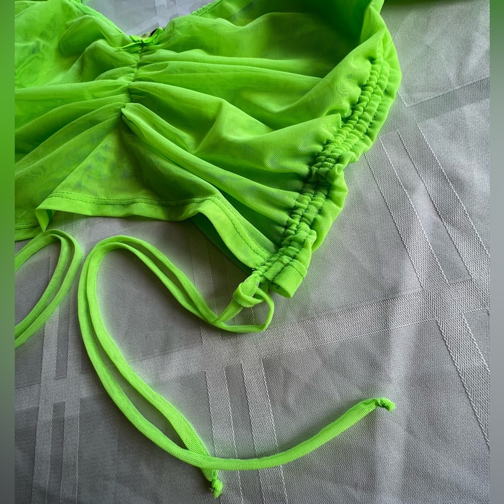 For Love & Lemons Sheer Mesh Puff Sleeve Crop Zipper Back Ties Bright Neon Lime - Picture 5 of 9